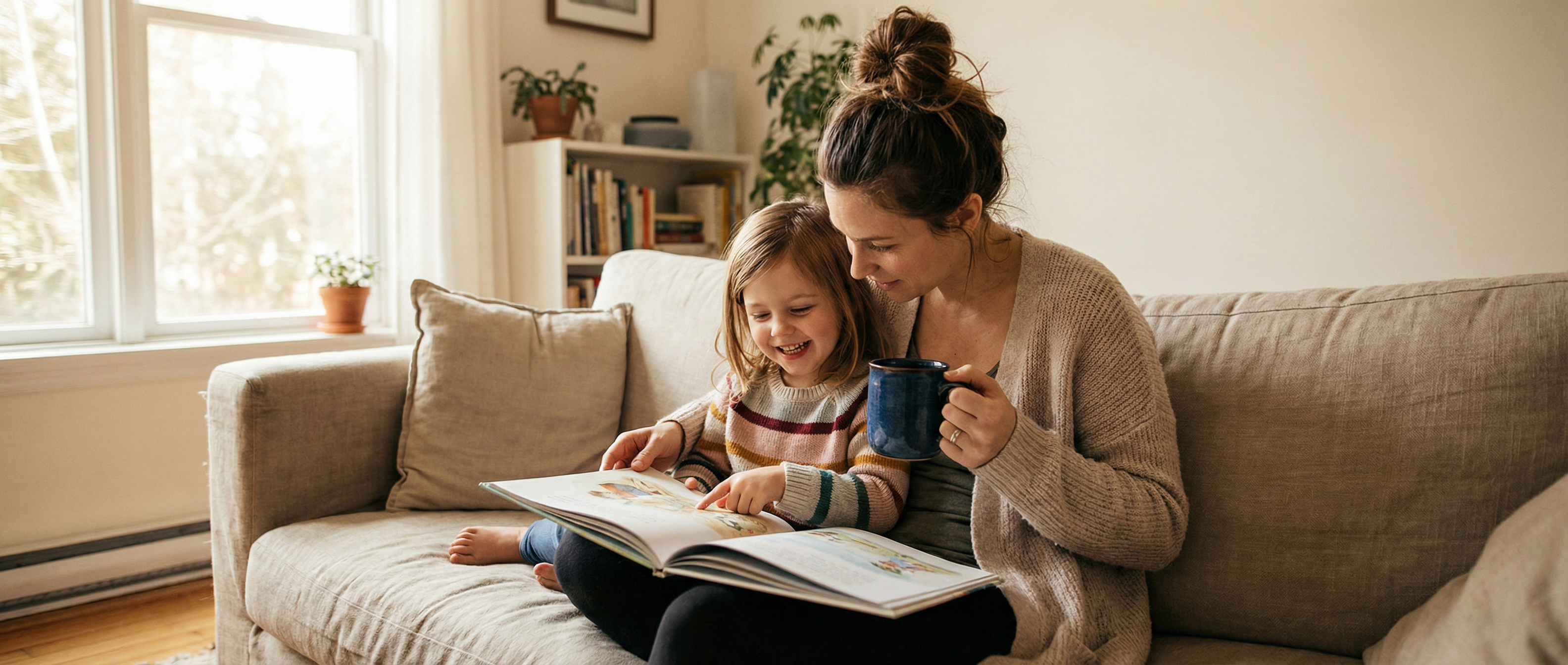 A mother and daughter sharing a storybook together on a cosy sofa